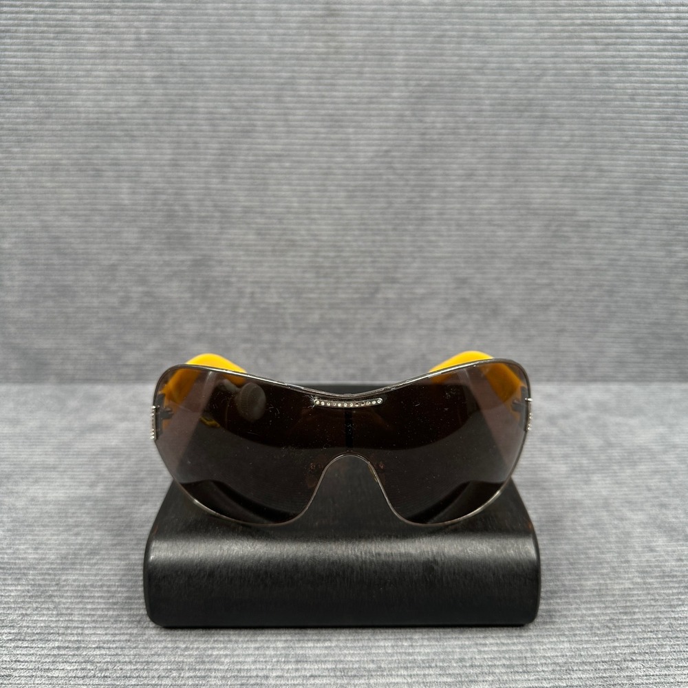 D&G Dolce & Gabbana 6022-B Shield Sunglasses Yellow Rhinestone Logo Y2K Wrap vtg